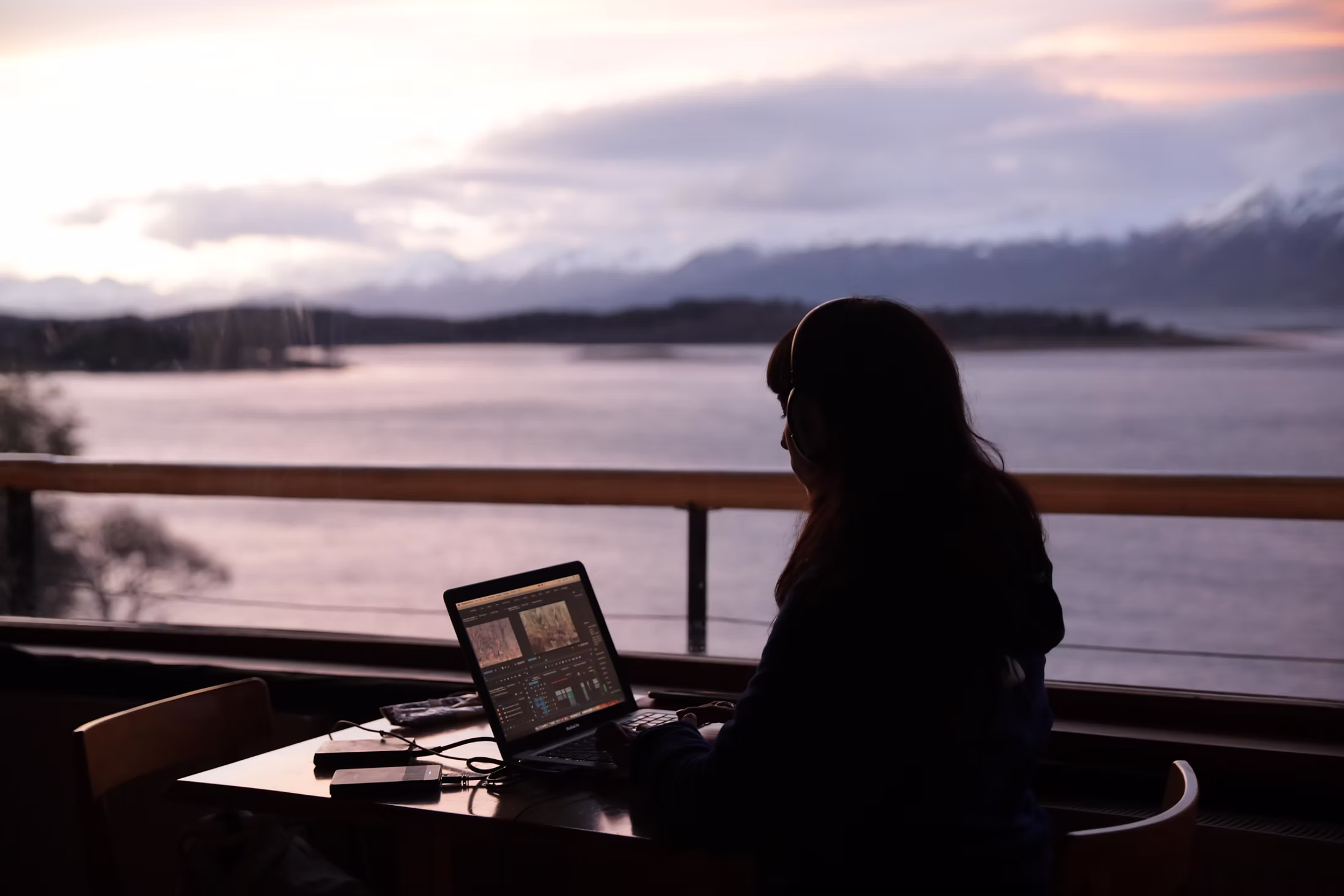 Editing at dusk, Puerto Williams